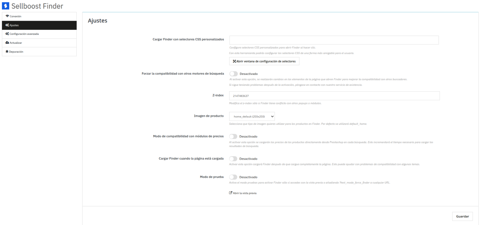 Ajustes del módulo de Finder en PrestaShop