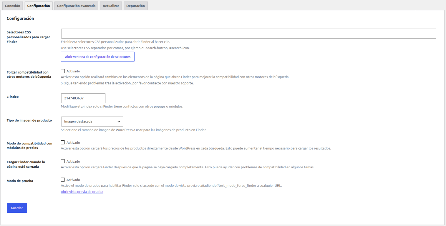 Ajustes del plugin de Finder en WordPress