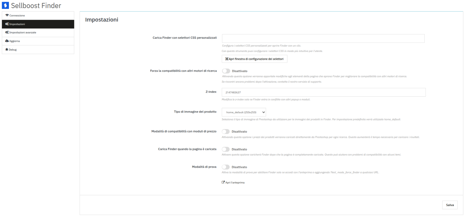 Impostazioni del modulo Finder in PrestaShop