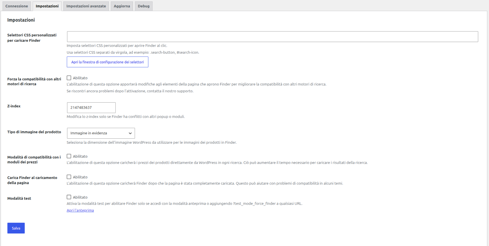 Impostazioni del plugin Finder in WordPress