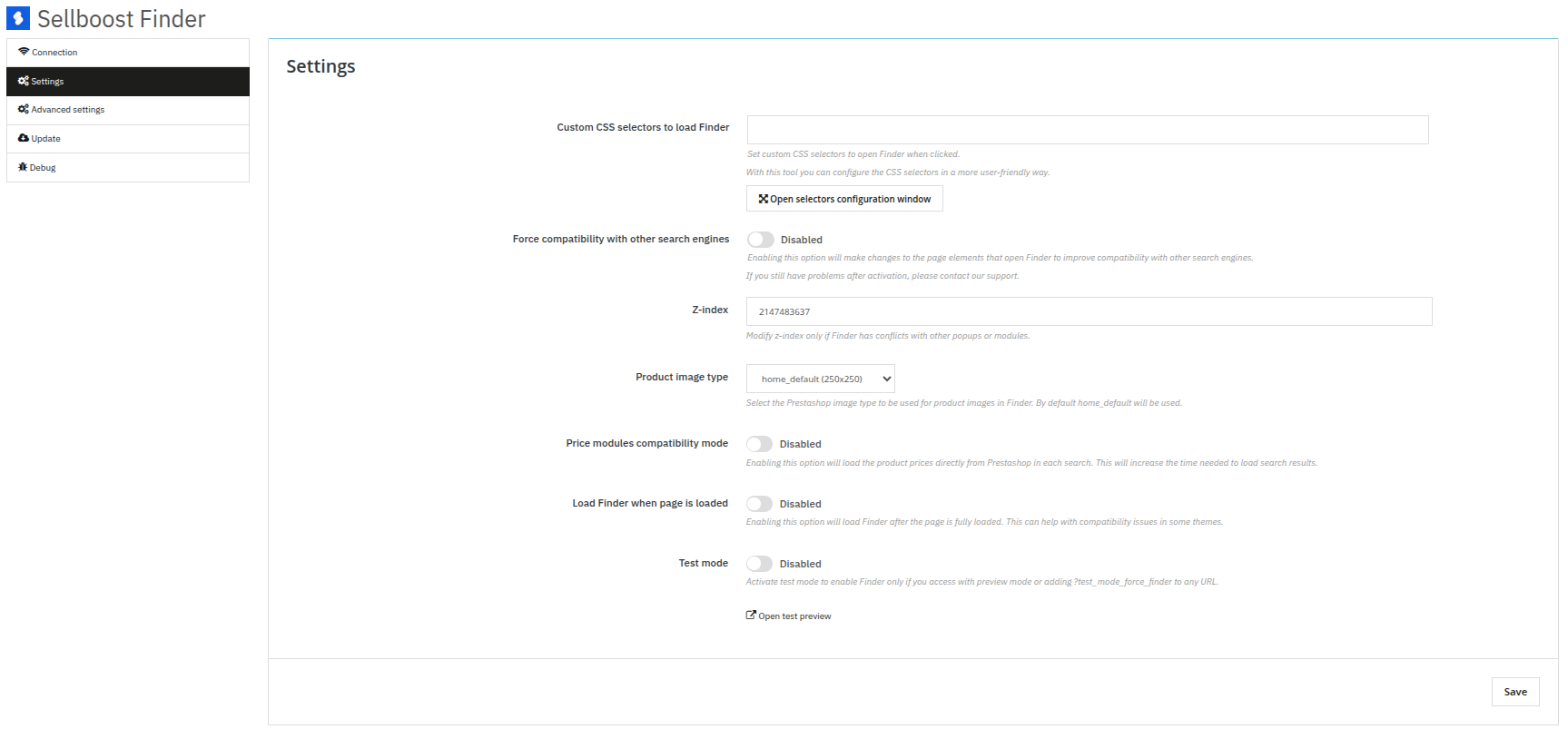 Finder module settings in PrestaShop