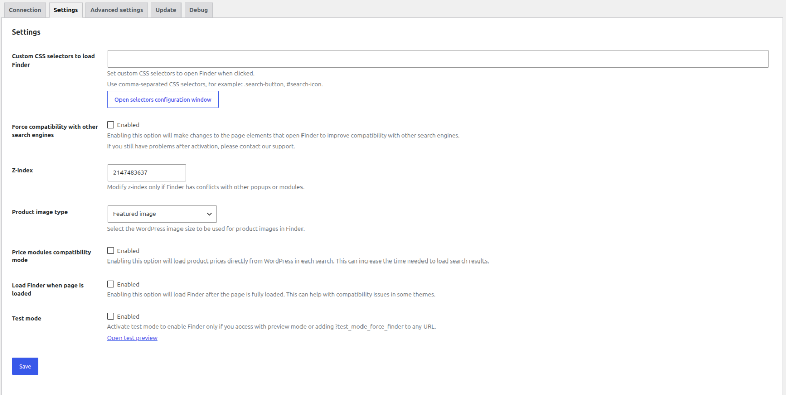 Finder plugin settings in WordPress